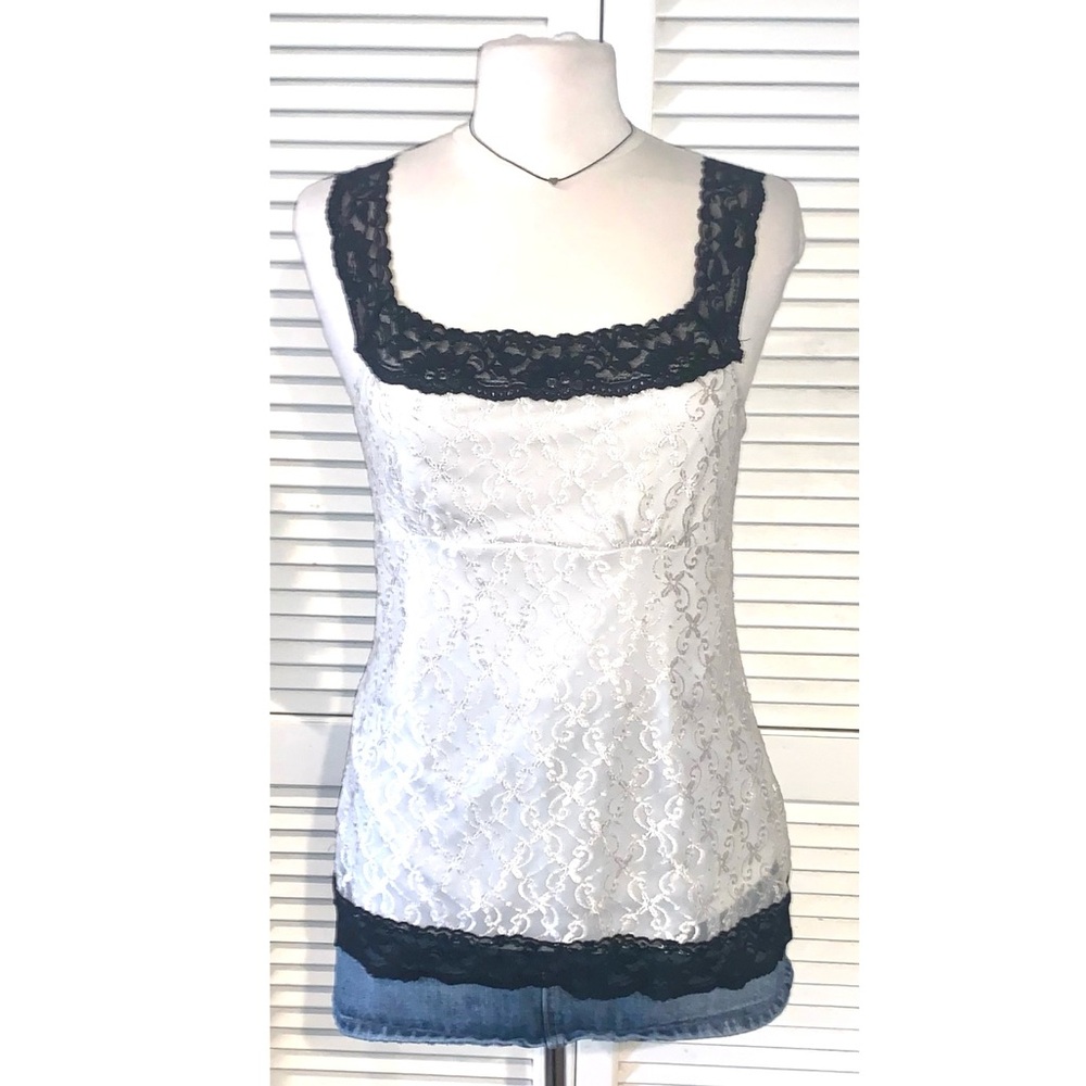 Vintage black and white lace overlay cami double layered Large